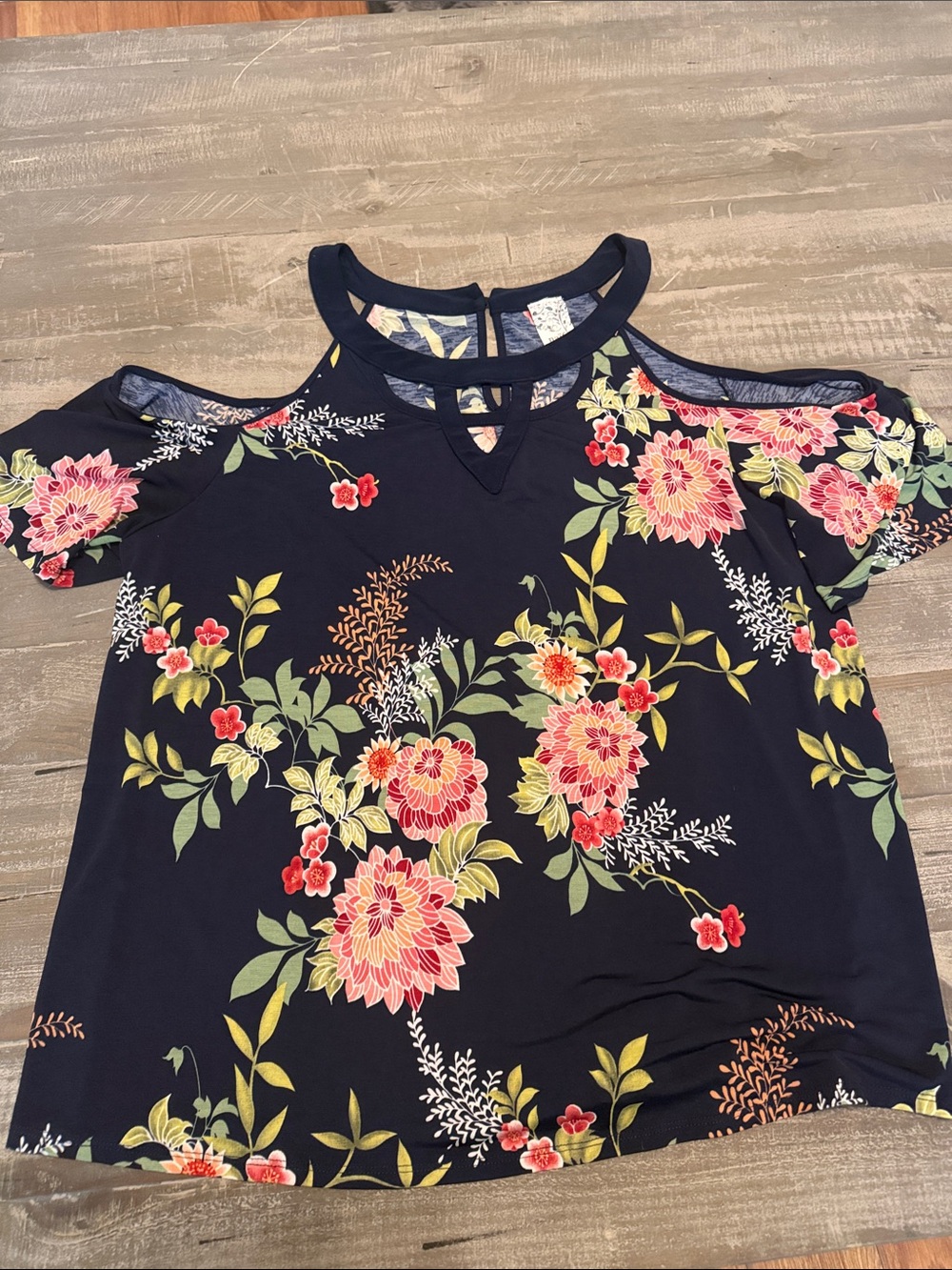 NAIF Navy Cold-Shoulder Top with Pink Floral Print